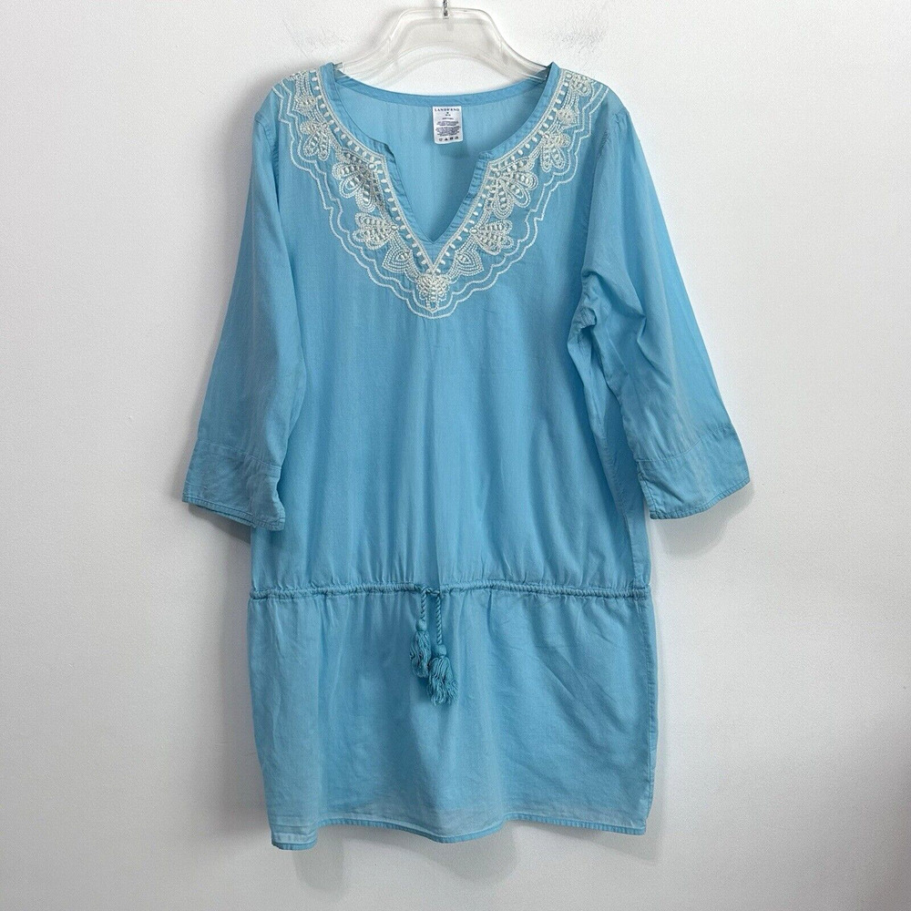 Lands End Swim Cover Up Tunic Aqua‎ M Lightweight Embroidered Beachy Pool Boho